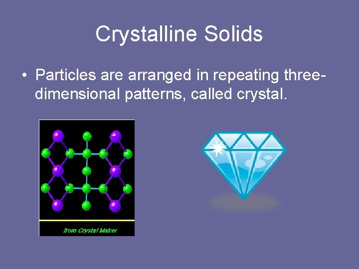 Crystalline Solids • Particles are arranged in repeating threedimensional patterns, called crystal. 