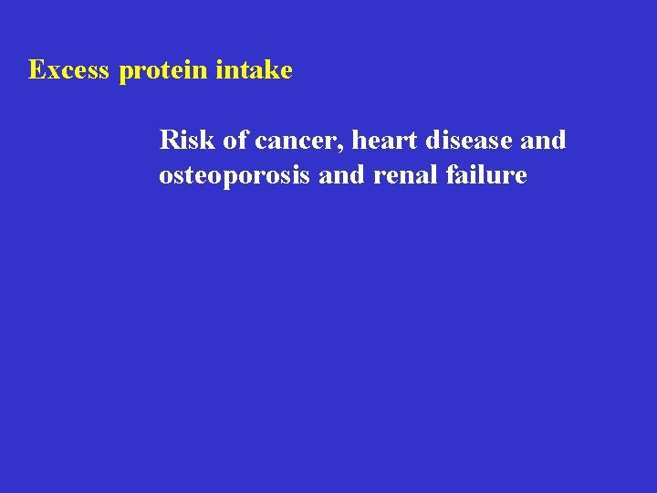 Excess protein intake Risk of cancer, heart disease and osteoporosis and renal failure 