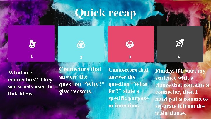 Quick recap 1 2 What are connectors? They are words used to link ideas.