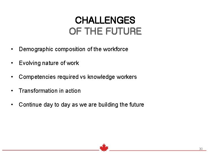 CHALLENGES OF THE FUTURE • Demographic composition of the workforce • Evolving nature of