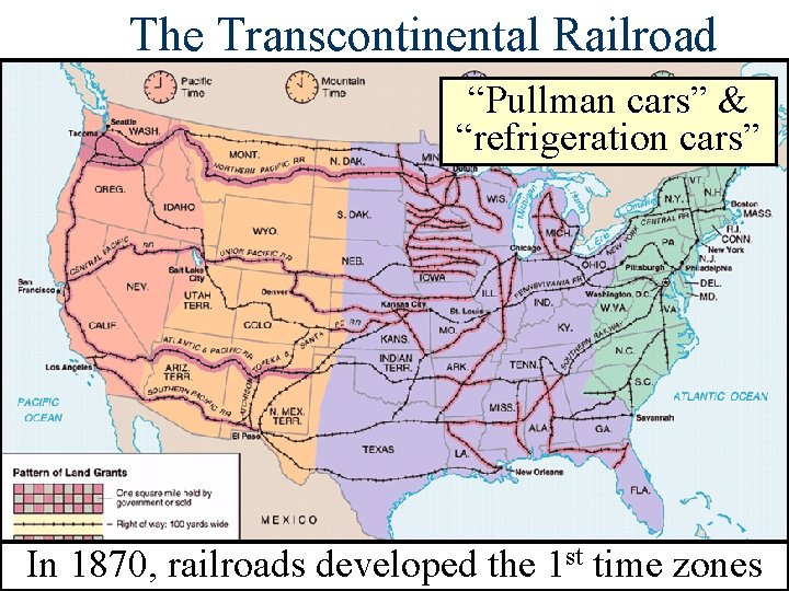 The Transcontinental Railroad “Pullman cars” & “refrigeration cars” In 1870, railroads developed the 1