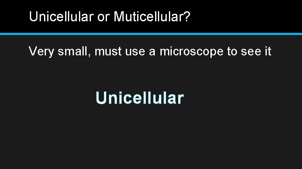 Unicellular or Muticellular? Very small, must use a microscope to see it Unicellular 