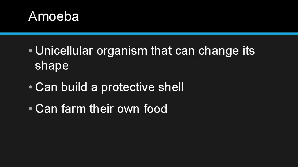Amoeba • Unicellular organism that can change its shape • Can build a protective
