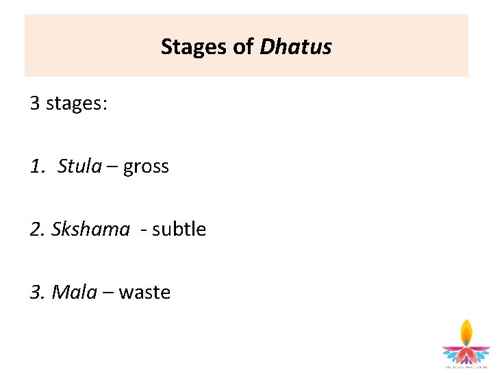 Stages of Dhatus 3 stages: 1. Stula – gross 2. Skshama - subtle 3.