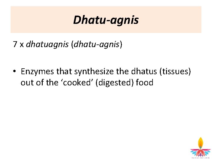 Dhatu-agnis 7 x dhatuagnis (dhatu-agnis) • Enzymes that synthesize the dhatus (tissues) out of