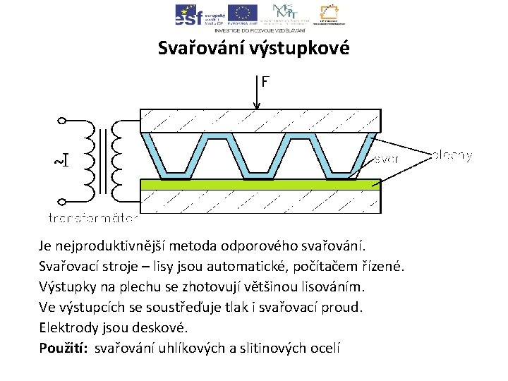 Svařování výstupkové Je nejproduktivnější metoda odporového svařování. Svařovací stroje – lisy jsou automatické, počítačem