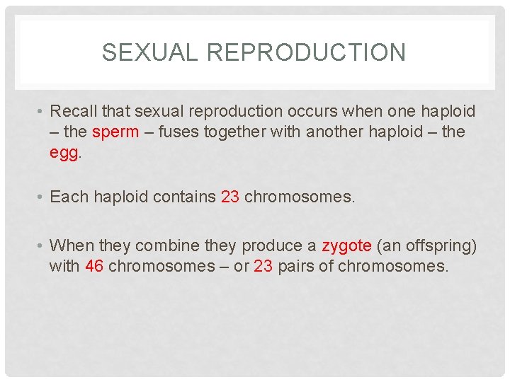 SEXUAL REPRODUCTION • Recall that sexual reproduction occurs when one haploid – the sperm