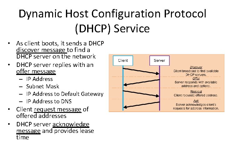 Dynamic Host Configuration Protocol (DHCP) Service • As client boots, it sends a DHCP