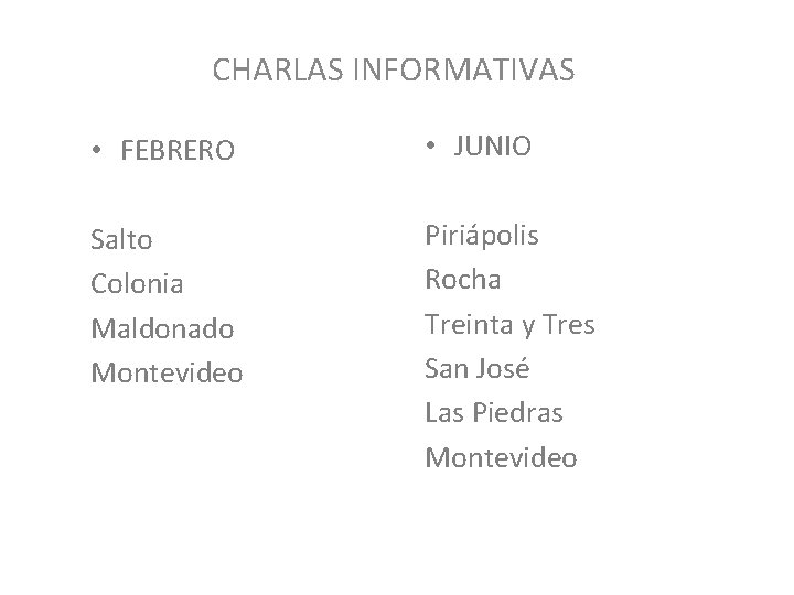 CHARLAS INFORMATIVAS • FEBRERO • JUNIO Salto Colonia Maldonado Montevideo Piriápolis Rocha Treinta y