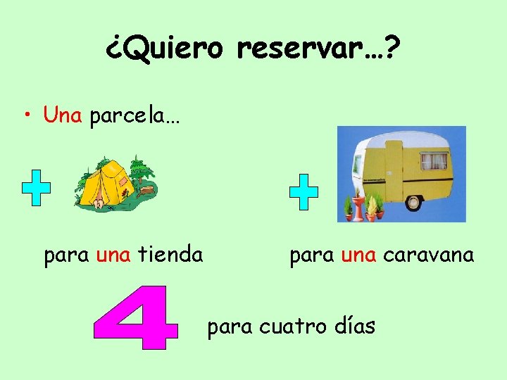 ¿Quiero reservar…? • Una parcela… para una tienda para una caravana para cuatro días