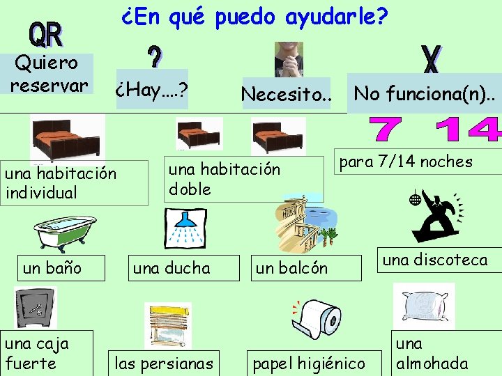 ¿En qué puedo ayudarle? Quiero reservar ¿Hay…. ? una habitación individual un baño una