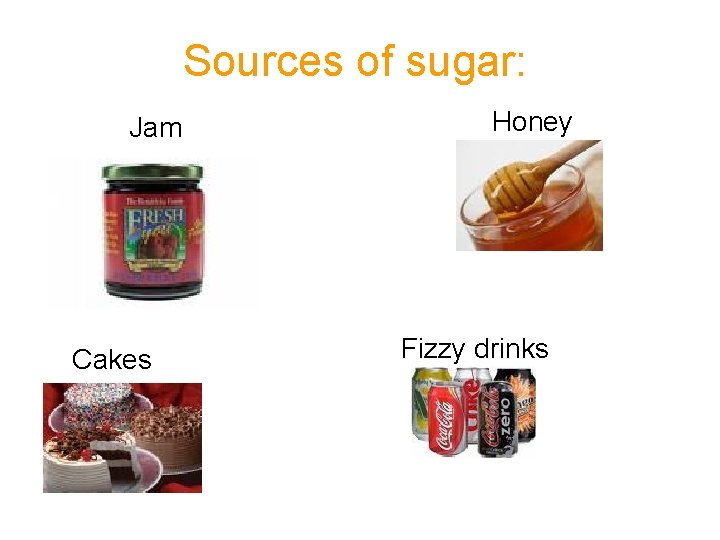 Sources of sugar: Jam Cakes Honey Fizzy drinks 