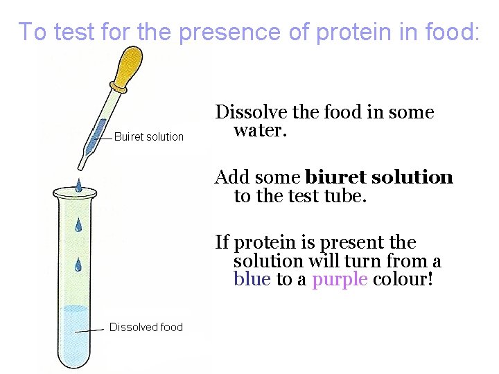 To test for the presence of protein in food: Dissolve the food in some