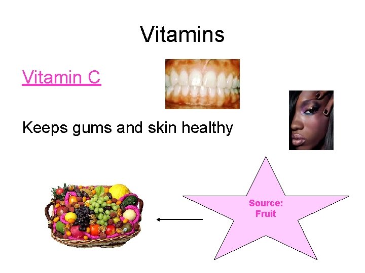 Vitamins Vitamin C Keeps gums and skin healthy Source: Fruit 