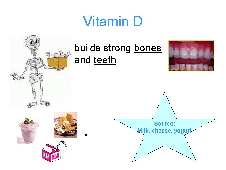 Vitamin D builds strong bones and teeth Source: Milk, cheese, yogurt 