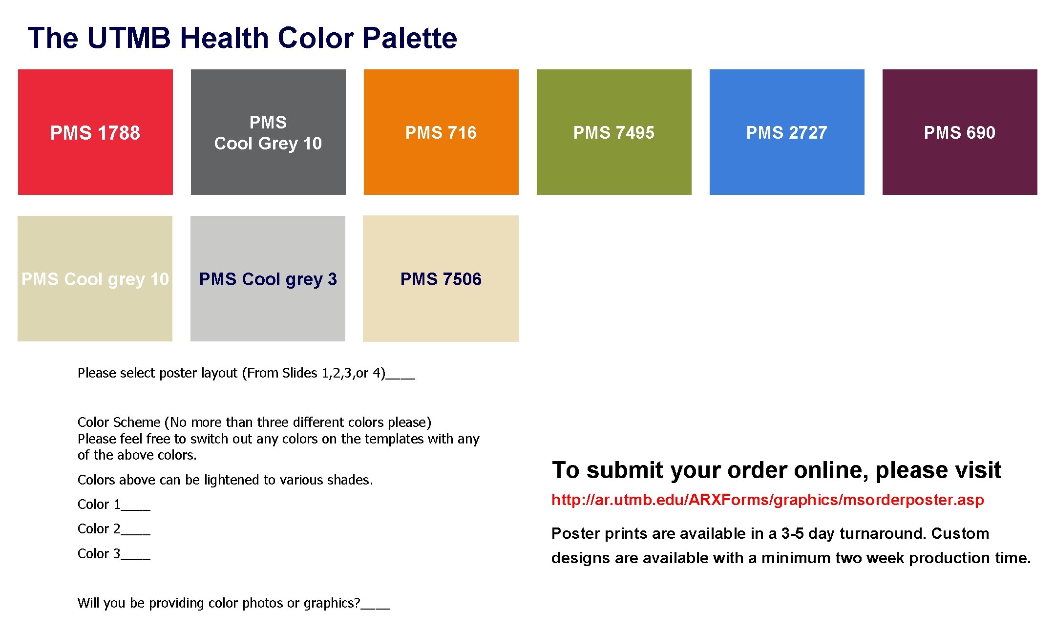 The UTMB Health Color Palette PMS 1788 PMS Cool Grey 10 PMS 716 PMS