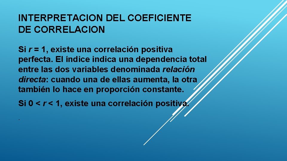 INTERPRETACION DEL COEFICIENTE DE CORRELACION Si r = 1, existe una correlación positiva perfecta.