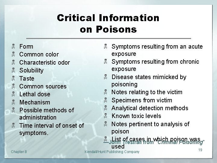Critical Information on Poisons N N N N N Form Common color Characteristic odor