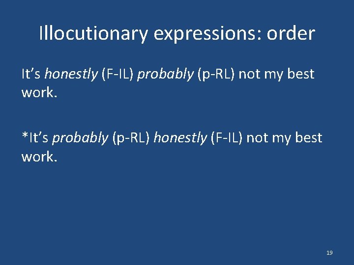 Illocutionary expressions: order It’s honestly (F-IL) probably (p-RL) not my best work. *It’s probably