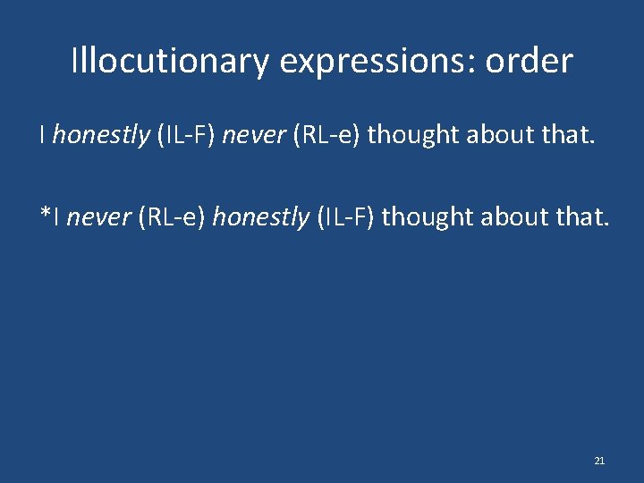 Illocutionary expressions: order I honestly (IL-F) never (RL-e) thought about that. *I never (RL-e)