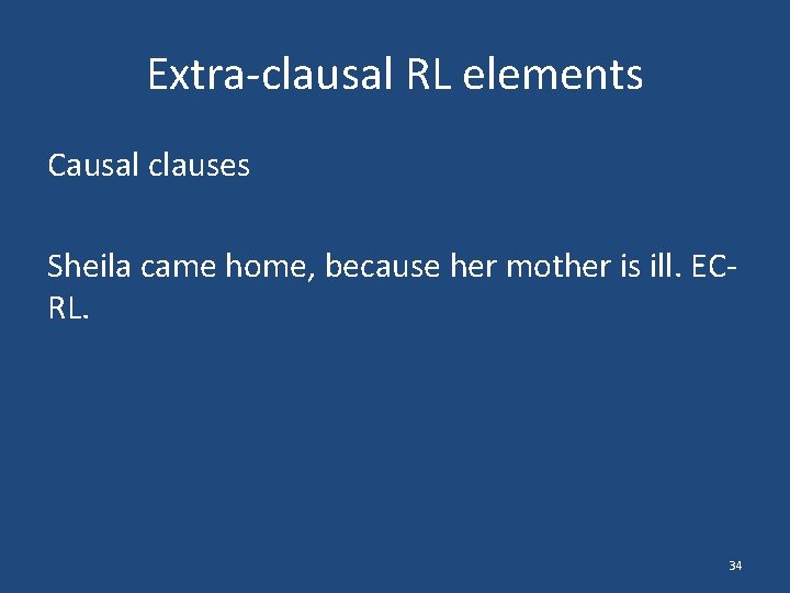 Extra-clausal RL elements Causal clauses Sheila came home, because her mother is ill. ECRL.