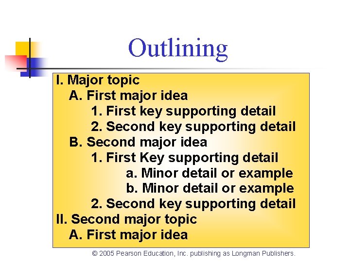 Outlining I. Major topic A. First major idea 1. First key supporting detail 2.