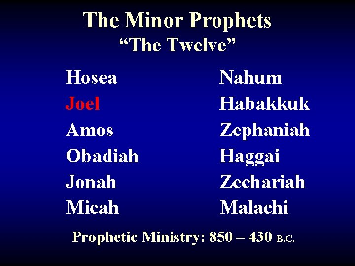 The Minor Prophets “The Twelve” Hosea Joel Amos Obadiah Jonah Micah Nahum Habakkuk Zephaniah