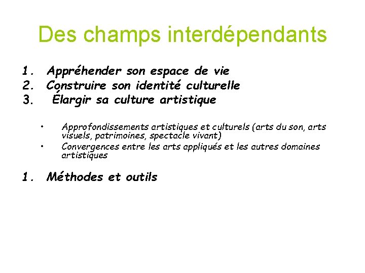 Des champs interdépendants 1. Appréhender son espace de vie 2. Construire son identité culturelle