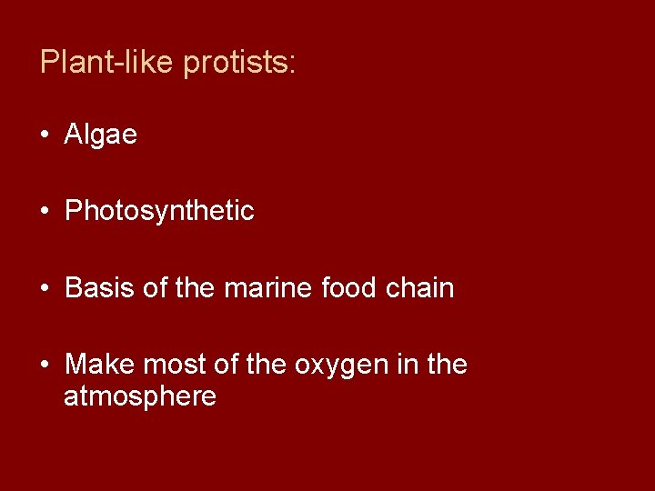Plant-like protists: • Algae • Photosynthetic • Basis of the marine food chain •