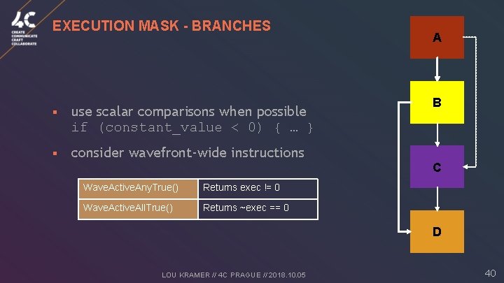 EXECUTION MASK - BRANCHES § use scalar comparisons when possible if (constant_value < 0)