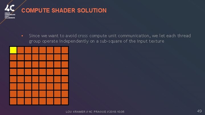 COMPUTE SHADER SOLUTION § Since we want to avoid cross compute unit communication, we