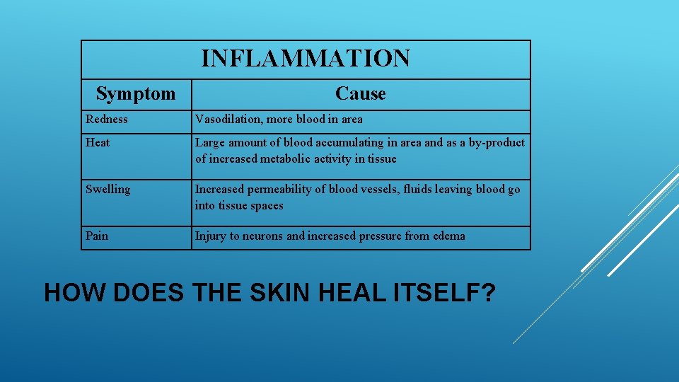 INFLAMMATION Symptom Cause Redness Vasodilation, more blood in area Heat Large amount of blood INFLAMMATION Symptom Cause Redness Vasodilation, more blood in area Heat Large amount of blood