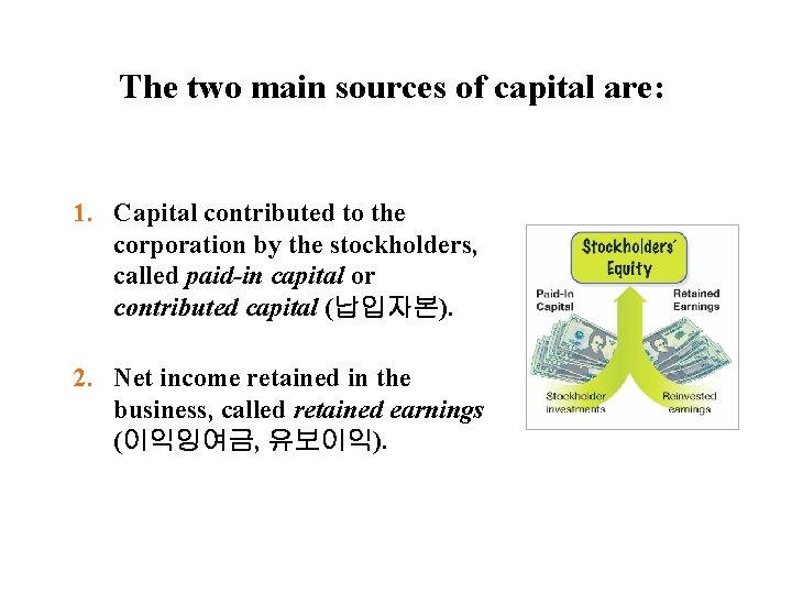2 The two main sources of capital are: 1. Capital contributed to the corporation