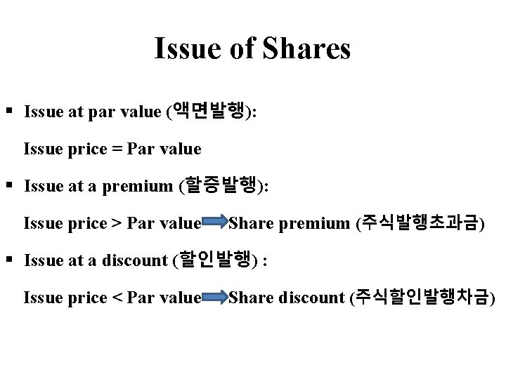 Issue of Shares § Issue at par value (액면발행): Issue price = Par value