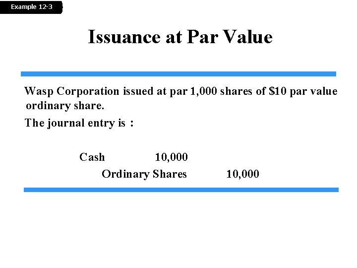 Example 12 -3 Issuance at Par Value Wasp Corporation issued at par 1, 000