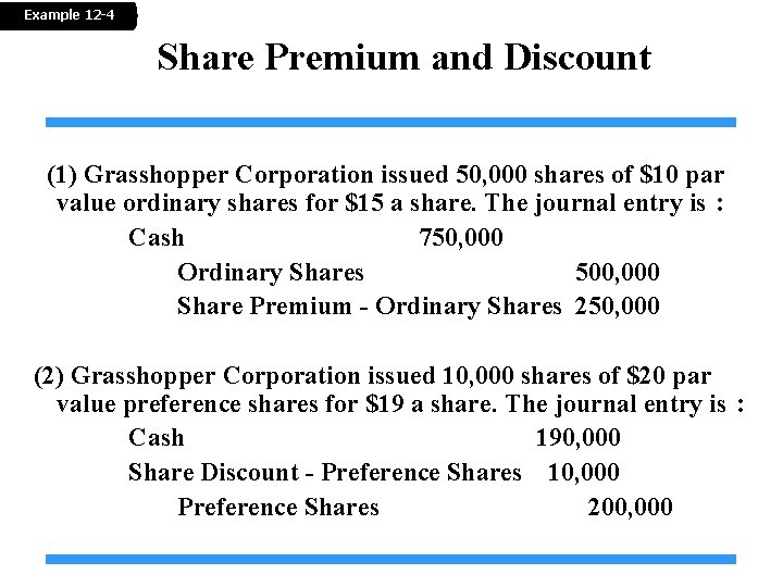 Example 12 -4 Share Premium and Discount (1) Grasshopper Corporation issued 50, 000 shares