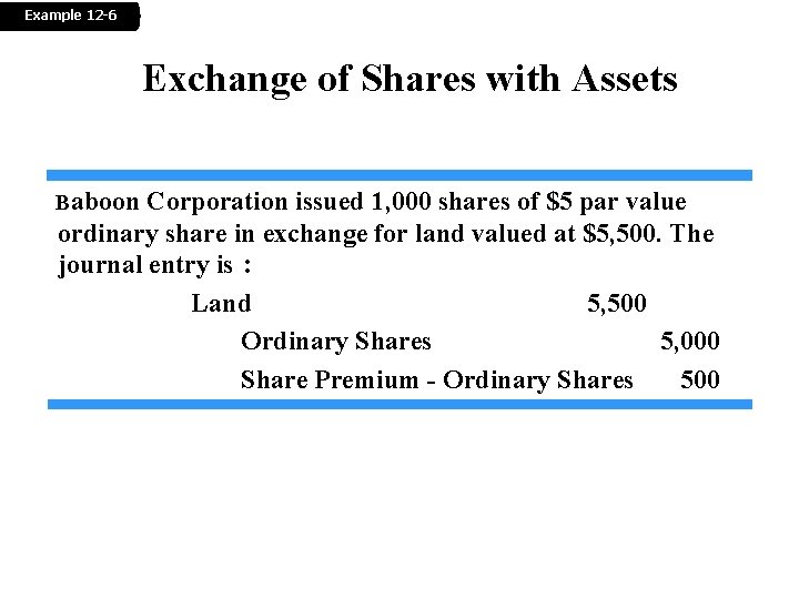 Example 12 -6 Exchange of Shares with Assets Baboon Corporation issued 1, 000 shares