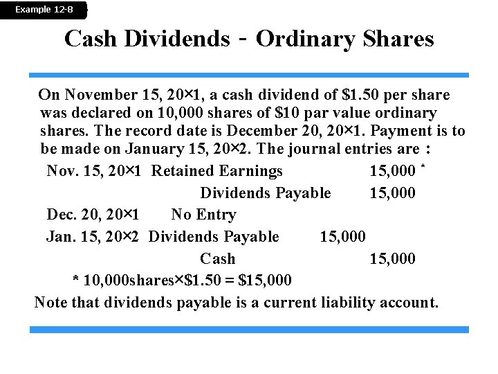 Example 12 -8 Cash Dividends－Ordinary Shares On November 15, 20× 1, a cash dividend