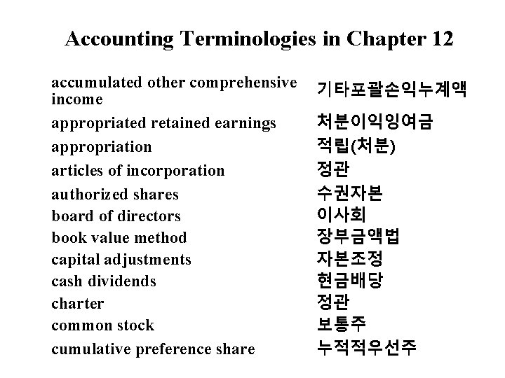 Accounting Terminologies in Chapter 12 accumulated other comprehensive income appropriated retained earnings appropriation articles