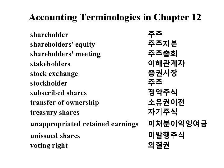 Accounting Terminologies in Chapter 12 shareholders' equity shareholders' meeting stakeholders stock exchange stockholder subscribed