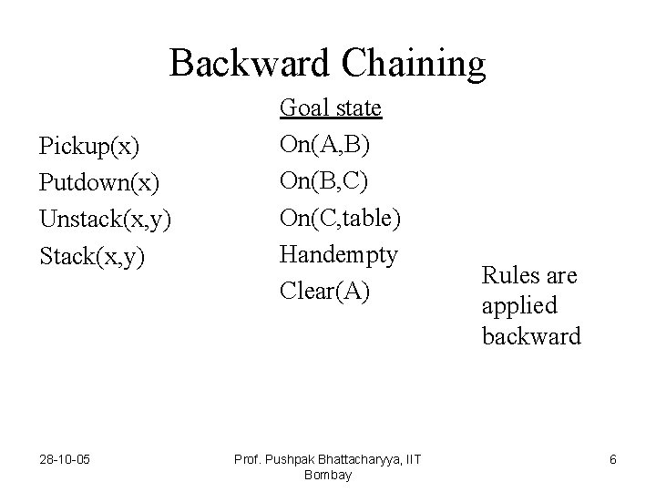 Backward Chaining Pickup(x) Putdown(x) Unstack(x, y) Stack(x, y) 28 -10 -05 Goal state On(A,