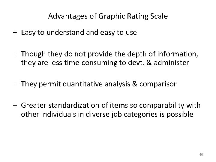 Advantages of Graphic Rating Scale + Easy to understand easy to use + Though