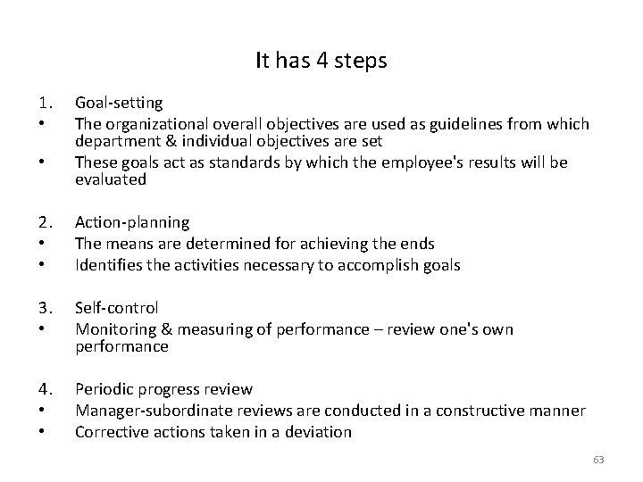It has 4 steps 1. • • Goal-setting The organizational overall objectives are used
