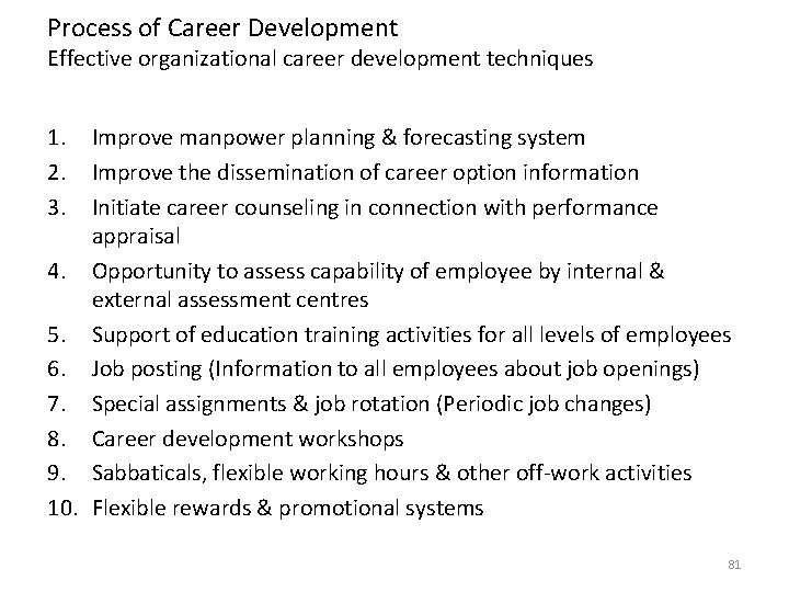 Process of Career Development Effective organizational career development techniques 1. 2. 3. Improve manpower