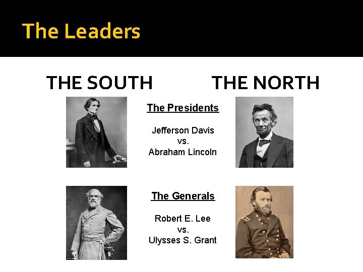 The Leaders THE SOUTH THE NORTH The Presidents Jefferson Davis vs. Abraham Lincoln The