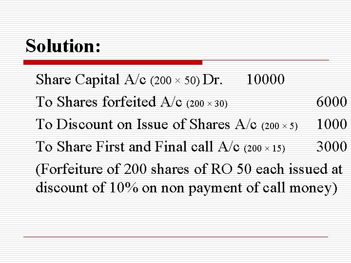 Solution: Share Capital A/c (200 × 50) Dr. 10000 To Shares forfeited A/c (200