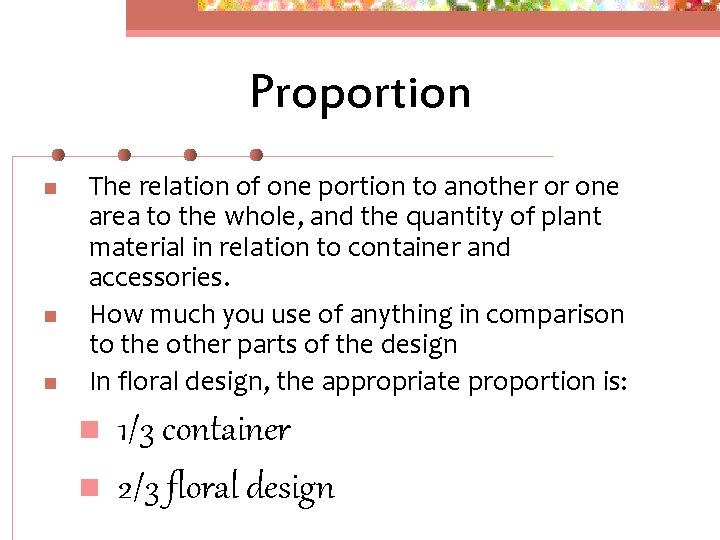 Proportion n The relation of one portion to another or one area to the