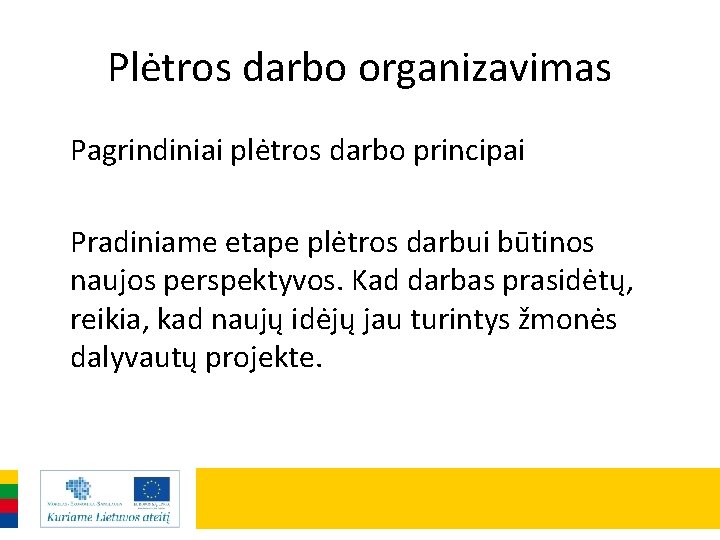 Plėtros darbo organizavimas Pagrindiniai plėtros darbo principai Pradiniame etape plėtros darbui būtinos naujos perspektyvos.