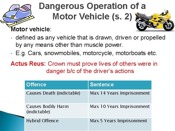 Dangerous Operation of a Motor Vehicle (s. 2) Motor vehicle: • defined as any