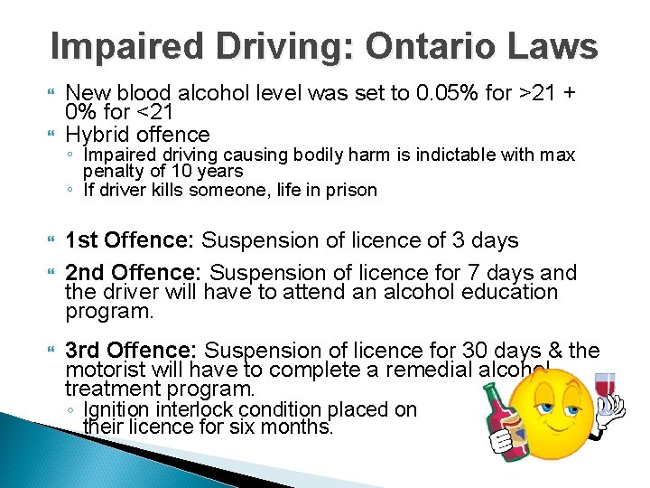 Impaired Driving: Ontario Laws New blood alcohol level was set to 0. 05% for